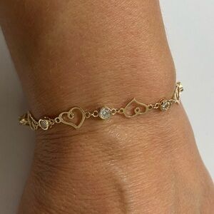New 14K Solid Gold CZ Heart Bracelet 7.5” inches